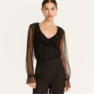 J. Crew Ruffle neck Clip Dot V-Neck Lons Sleeve Blouse in Black size Small